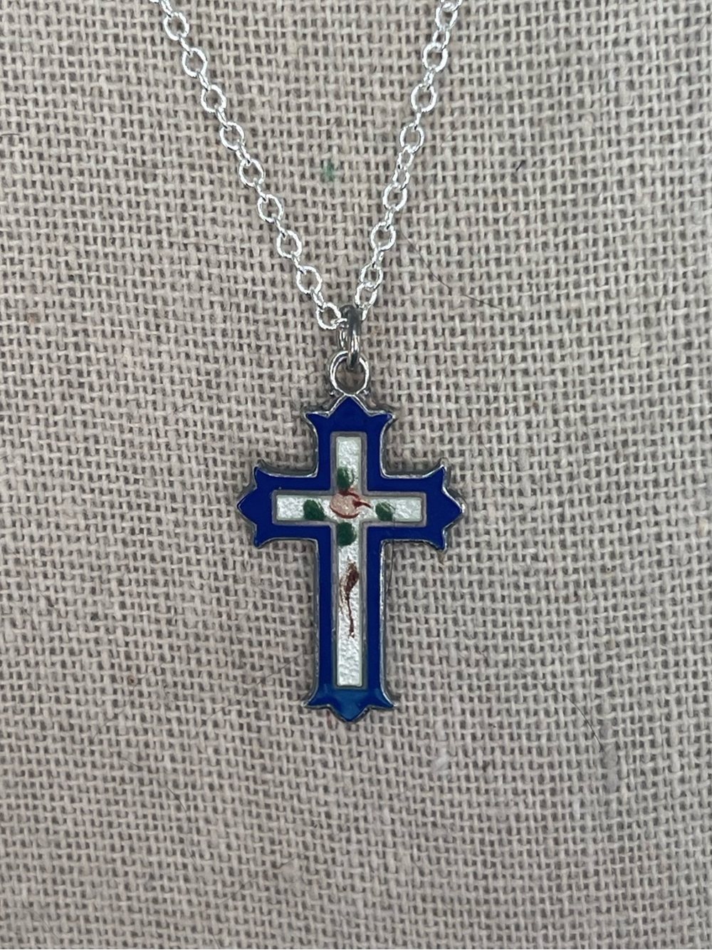 M De Jean Sterling Silver Enamel Cross Pendant on 18” chain